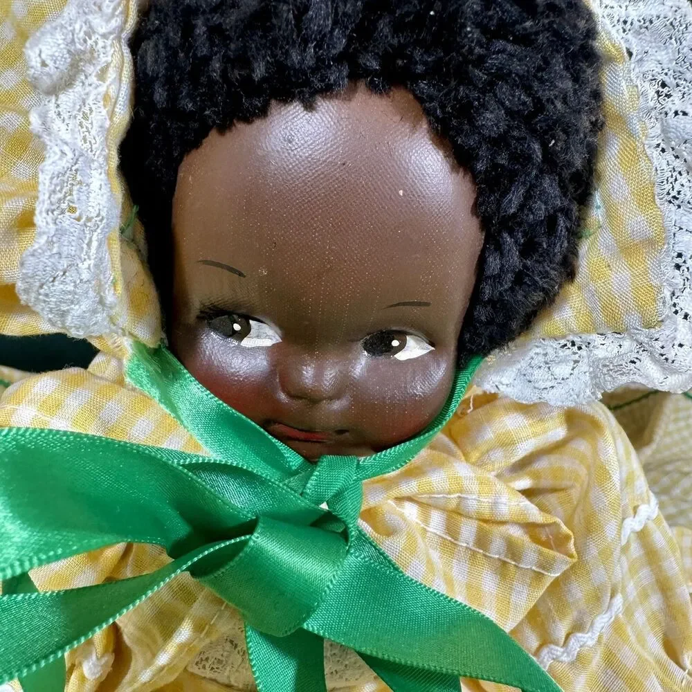 Vintage Handmade African American Doll Folk Art Decor Gingham Yellow Dress